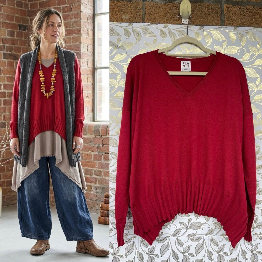 Planet by Lauren G Red V-Neck Sweater | Pima Cotton Modal | Redcore Lagenlook